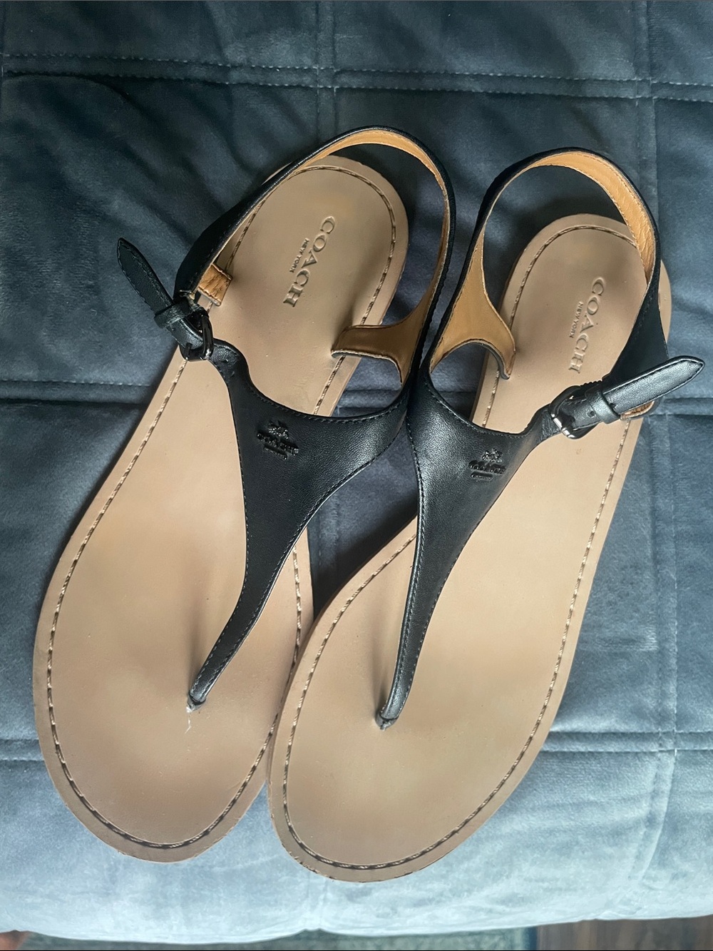 Coach Black Leather T-Strap Sandals with Tan Footbed - Picture 5 of 7